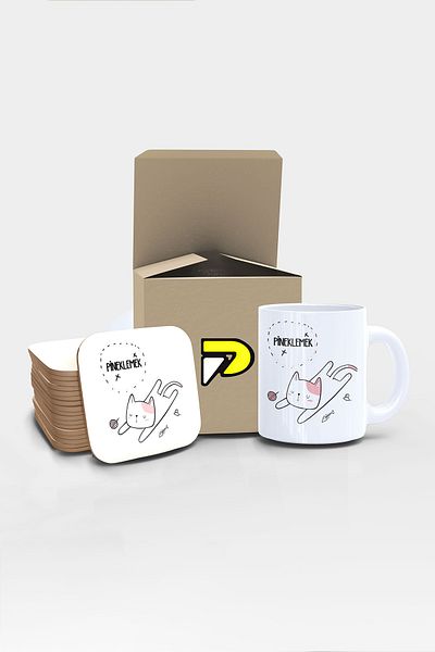 Postermanya Pudding Cat Design Printed Mug and Glass Set