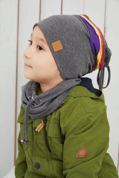 Babygiz Дитячий комплект шапочка і комір з кольоровою смужкою на сірому тлі, м'який, двошаровий, 100% натуральна бавовна