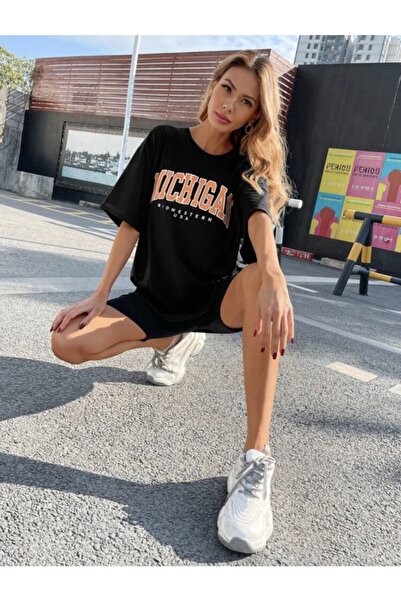 ALİKA Γυναικείο μπλουζάκι με στάμπα Michigan σε μαύρο χρώμα