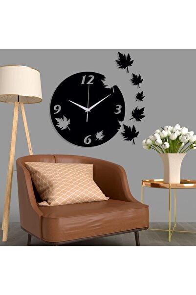 NT Handmade Siyah Ahşap Yaprak Desenli Duvar Saati - Salon Oturma Odası Ofis ...