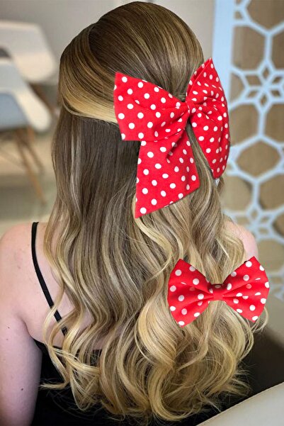 ESLE AKSESUAR Anne Kız Kombin Kırmızı Beyaz Puantiyeli Fiyonk Kurdele Toka Ku...