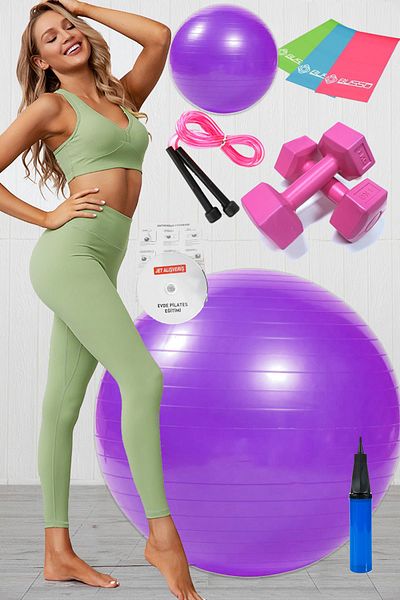 Jet 10 Pilates Ball Set Set, 3 Pilates Band Elastics, 1 Kg Dumbbell Jump Rope Set Purple