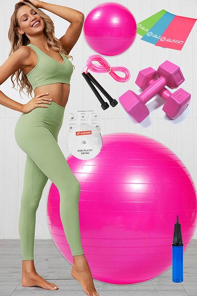 Jet 10 Pilates Ball Set Set, 3 Pilates Band Elastics, 1 Kg Dumbbell Jump Rope Set Pink