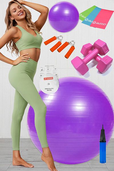 Jet مجموعة كرات بيلاتيس 10، 3 أشرطة مطاطية بيلاتيس، مجموعة دمبل يدوية بوزن 1 كجم أرجواني