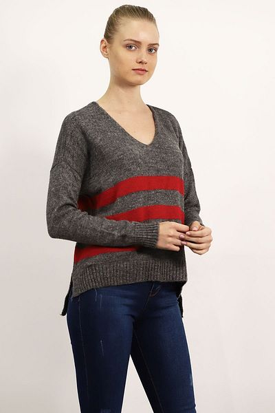 GABRİA Women's Gray V-Neck Color Striped Knitwear Sweater