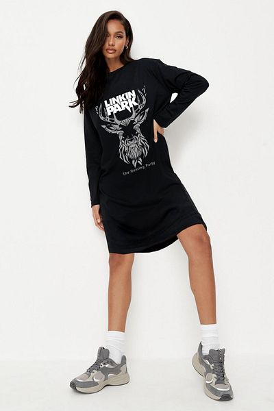 ROCKANDROLL Rochie tricou de damă, neagră, geometrică, cu mânecă lungă, din bumbac pieptănat