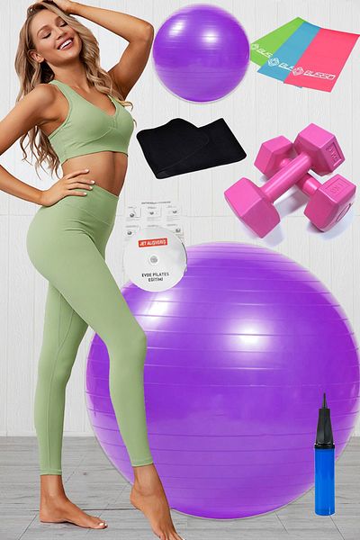 Jet 10 Pilates Ball Set Set, 3 Pilates Band Elastics, 1 Kg Dumbbell Slimming Belt Set Purple