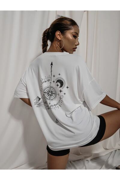 ALİKA تي شيرت نسائي بطبعة بوصلة بيضاء