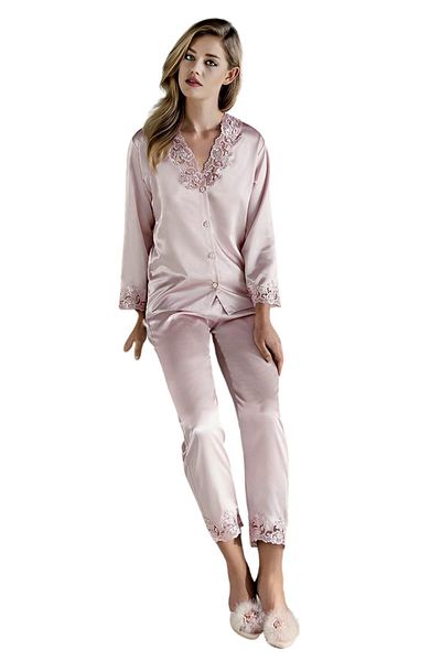 Espuar Women's Powder 6 Piece Lace Detailed Satin Nightgown-dressing gown-pajamas-shorts Dowry Set 1310