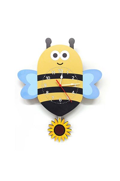 CajuArt Wooden Bee Flower Kids Room Wall Clock with Swinging Pendulum