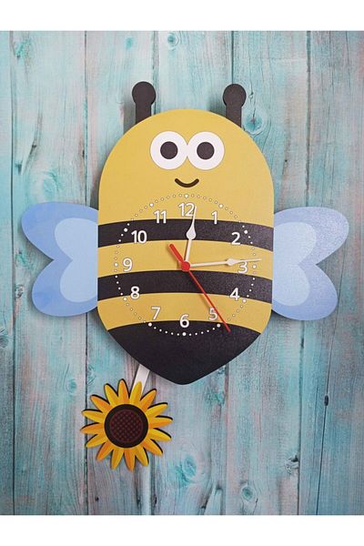 CajuArt Wooden Bee Flower Kids Room Wall Clock with Swinging Pendulum