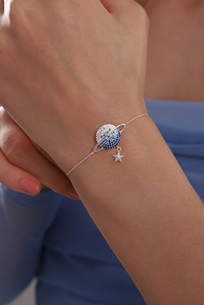 Bilsen Store Kadın 925 Ayar Gümüş Zincirli Renk Geçişli Gezegen Ve Sallantılı Yıldız Bileklik