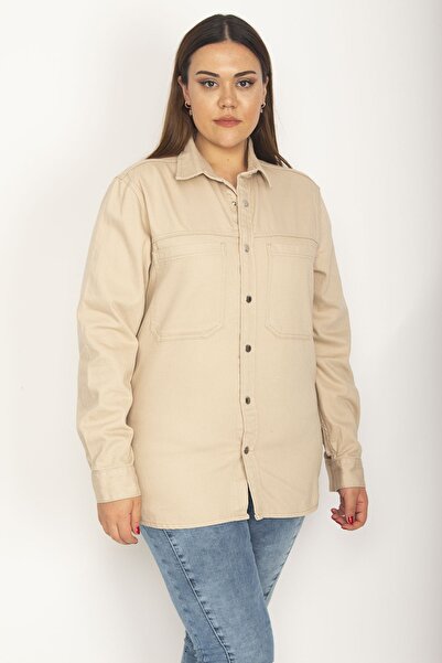 Şans Women's Large Size Camel Chest Pocket Gabardine Coat with Front and Sleeve Snap Buttons 65n27259