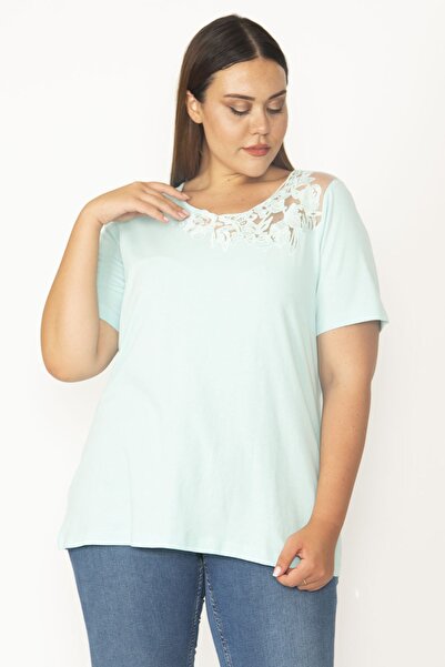 Şans Γυναικεία Πράσινη Μπλούζα Δαντέλα γιακά από Βαμβακερό Μεγάλο Μέγεθος 65n...