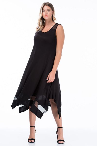 Şans Women's Large Size Black Sleeveless Long Viscose Dress with Mesh Detail on Shoulder and Hem 65n27309
