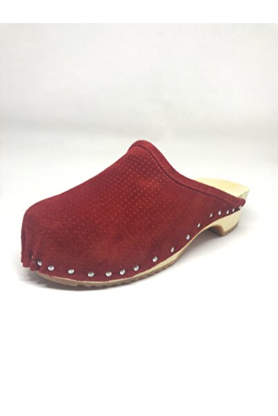 TERLİKSABO Kırmızı Nubuk Tahta Sabo Terlik