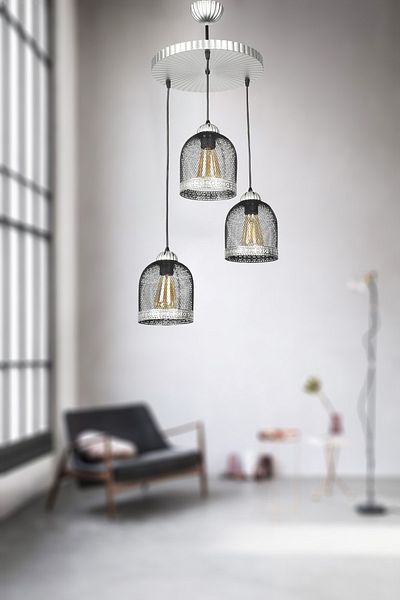 VENON Lighting - 3-Piece Black Pendant Lamp Case, Silver Chandelier
