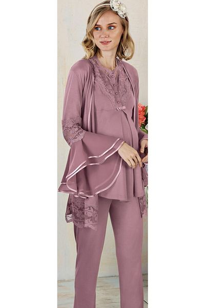 Fantasy Fc 1115 Irene Dried Rose Color Maternity Pajama Set with Dressing Gown