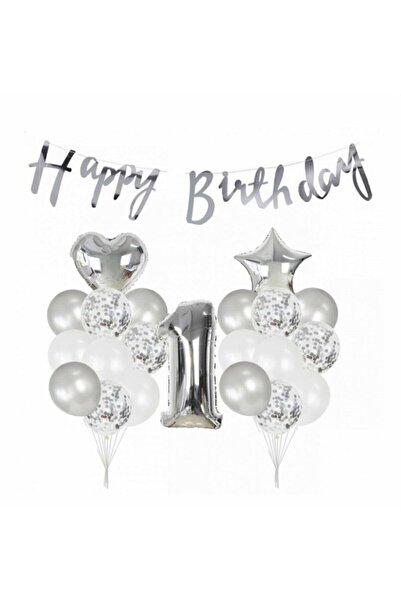 MERİ PARTİ 1 Yaş Metalik Gümüş Kaligrafi Happy Bırthday Yazılı Gümüş Konfetil...