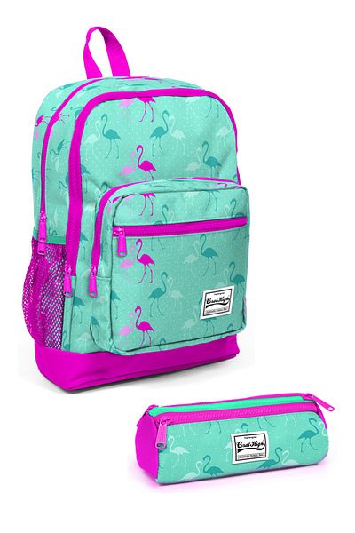 Coral High Kids Adalinhome Green Flamingo Patterned Four-Compartment 2-Piece Bag Set 23111 Set09