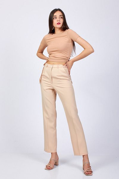 Moda Tuğram Beige Classic High Waist Fabric Trousers