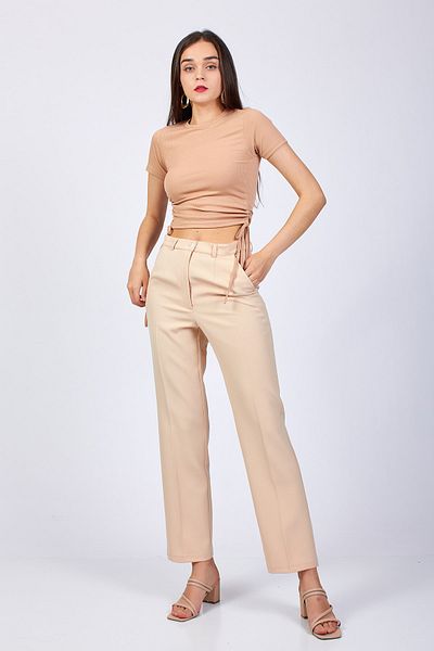 Moda Tuğram Beige Classic High Waist Fabric Trousers