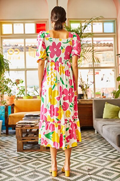 Olalook Női ekrü rózsaszín elasztikus alkalmi szőtt viszkóz ruha ELB-19001483