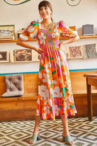 Olalook Women's Orange Pink Elastic Casual Woven Viscose Dress ELB-19001483