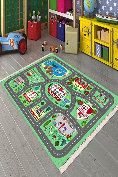 Modern home Kasaba Resimli Çocuk Halısı Kolay Temizlenebilen Deri Kaymaz Taba...