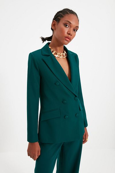 Trendyol Collection Grüne, gefütterte, gewebte Blazerjacke mit normalem Schnitt TWOSS21CE0137