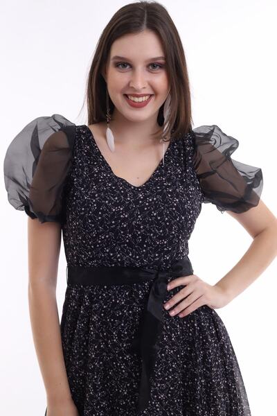 Ceylen Organza Balloon Sleeve V-neck Chiffon Flared Mini Dress