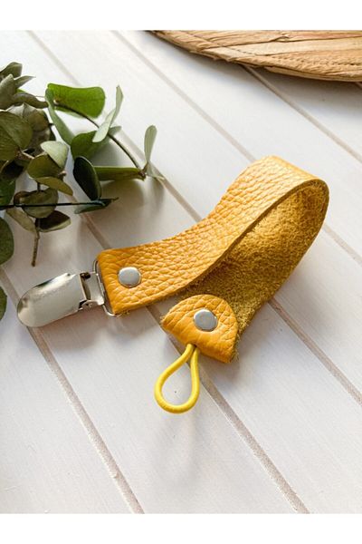 Li Puna Yellow Leather Protected Metal Clip Pacifier Strap Lpemzk02