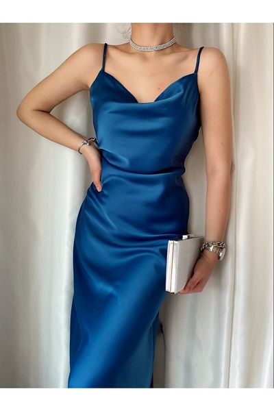 ozzıy34 Women's Navy Blue Thin Strap Long Satin Dress