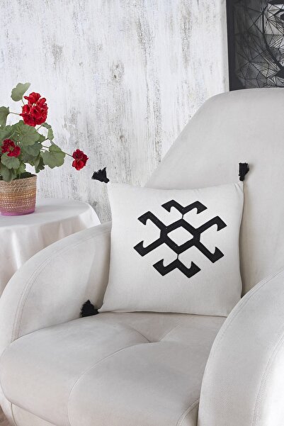 ÖDEL HOME وسادة رمي من قماش بولدان أسود طبيعي مطرز مقاس 40 × 40 سم