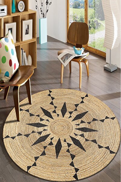 Modern home Hasır Siyah Desenli Yuvarlak Halı Kolay Temizlenebilen Dijital Ba...