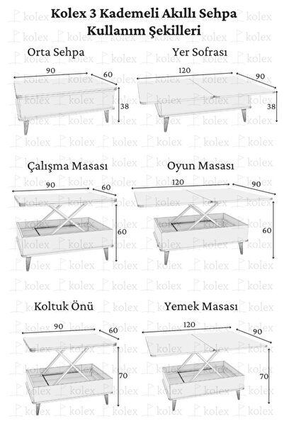 kolexonline Desensiz 3 Kademeli Akıllı Sihirli Sehpa Alaska Antrasit Renk