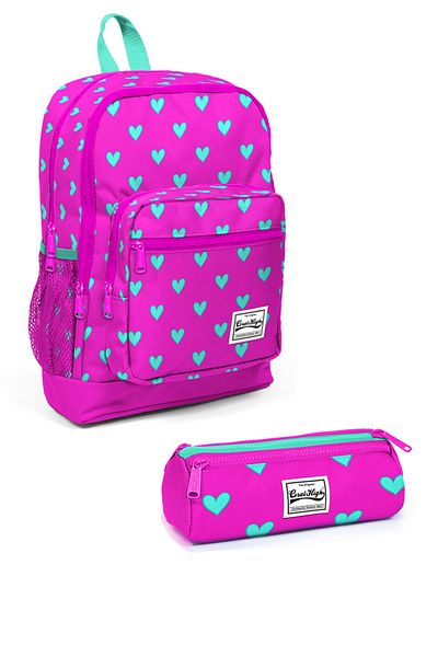 Coral High Kids Adalinhome Pink Heart Patterned Four Compartment 2-Piece Bag Set 23113 Set07