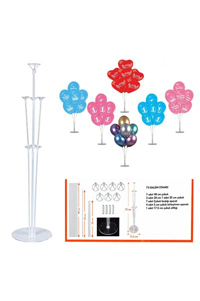BAL10 DÜNYASI 7-Piece Balloon Stand + 7 Pieces of 12 Inch Metallic Light Blue Balloons