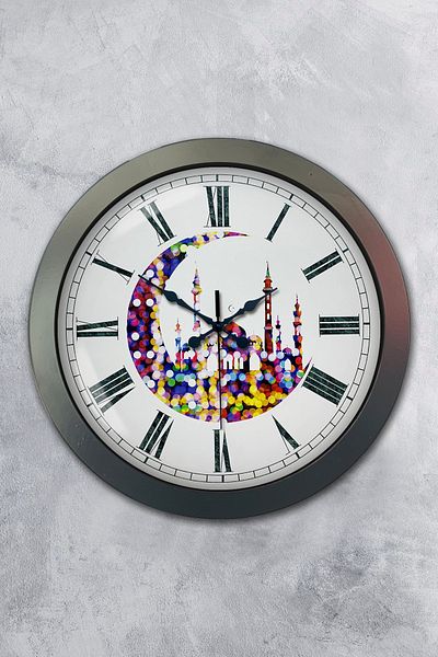 Kasva Concept Gift 36 cm Chrome Metal Crescent and Mosque Wall Clock