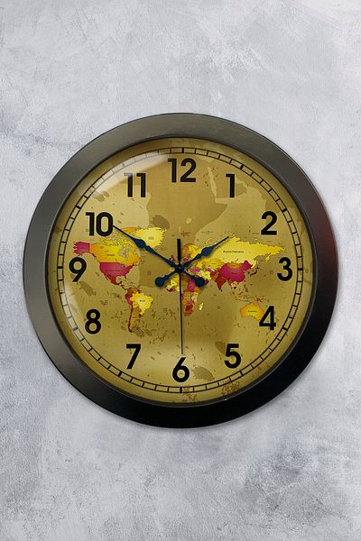 Platin Saat 36 cm Black Metal Map Wall Clock