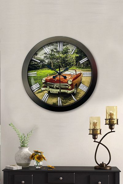 Kasva Concept Gift 36 cm Black Metal Classic Car Wall Clock
