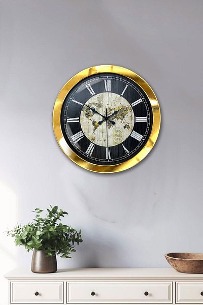 Kasva Concept Gift 36 cm Gold Metal World Maps Wall Clock