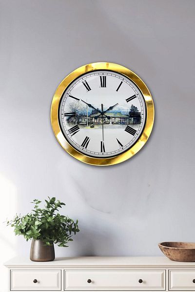 Kasva Concept 36 cm Gold Metal Village Grocery Wall Clock