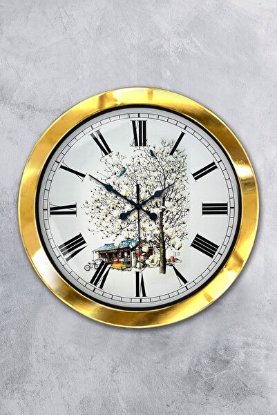 Platin Saat ساعة حائط على شكل قرية معدنية ذهبية مقاس 36 سم