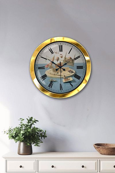 Kasva Concept Gift 36 cm Gold Metal Istanbul Wall Clock