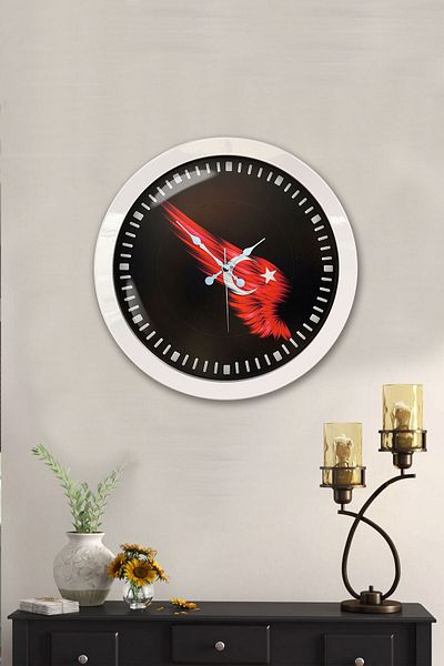 Kasva Concept 36 cm White Metal Turkish Flag Wall Clock