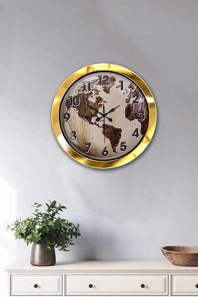 Kasva Concept Gift 36 cm Gold Metal Map Wall Clock