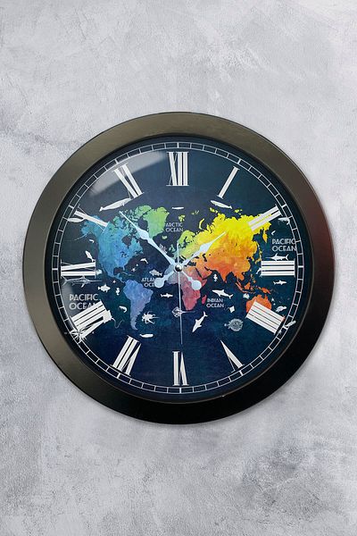 Kasva Concept Gift 36 cm Black Metal Color World Map Wall Clock
