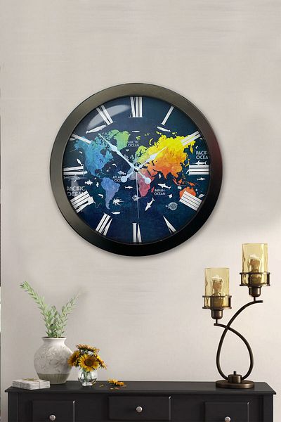 Kasva Concept Gift 36 cm Black Metal Color World Map Wall Clock