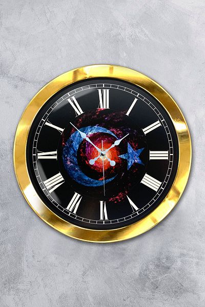 Kasva Concept Gift 36 cm Gold Metal Turkish Flag Wall Clock